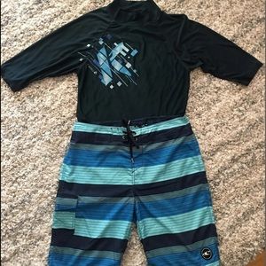 Guys waste 30 inch O’Neill swim board shorts and a KANU water shirt, men’s M